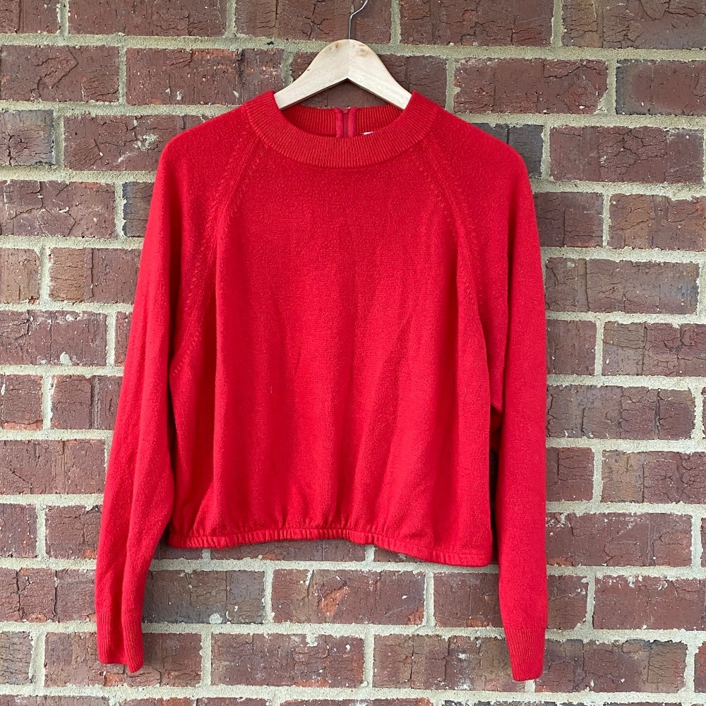 Crystal Kobe Vintage 60'-70's  Red Mock  Collar Pullover Gathered Waist Sweater